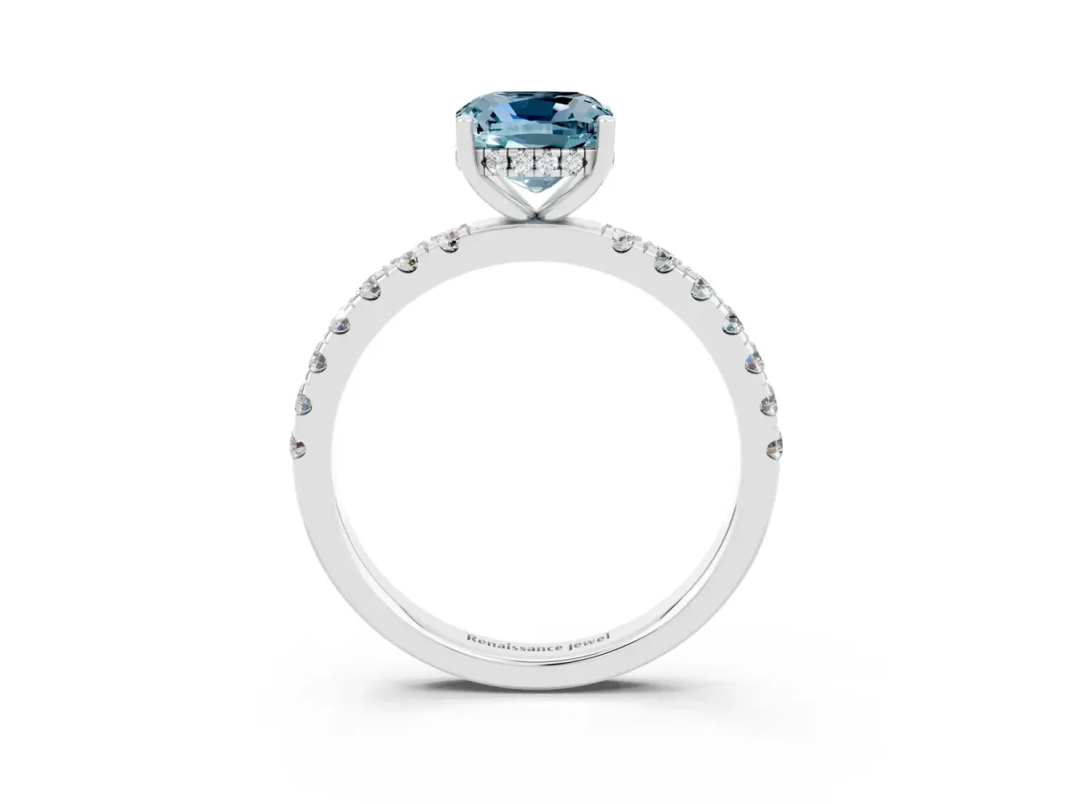 Cushion Cut Aquamarine Pave Band Solitaire Ring with Round and Prong Setting Platinum
