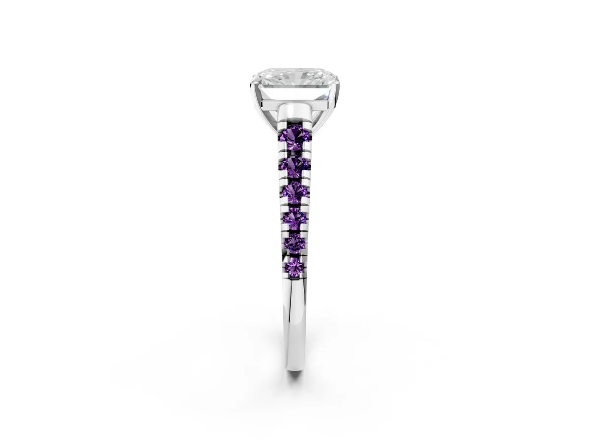 Radiant Cut Diamond Cathedral Solitaire Ring with Round Amethyst Pavé Band White gold