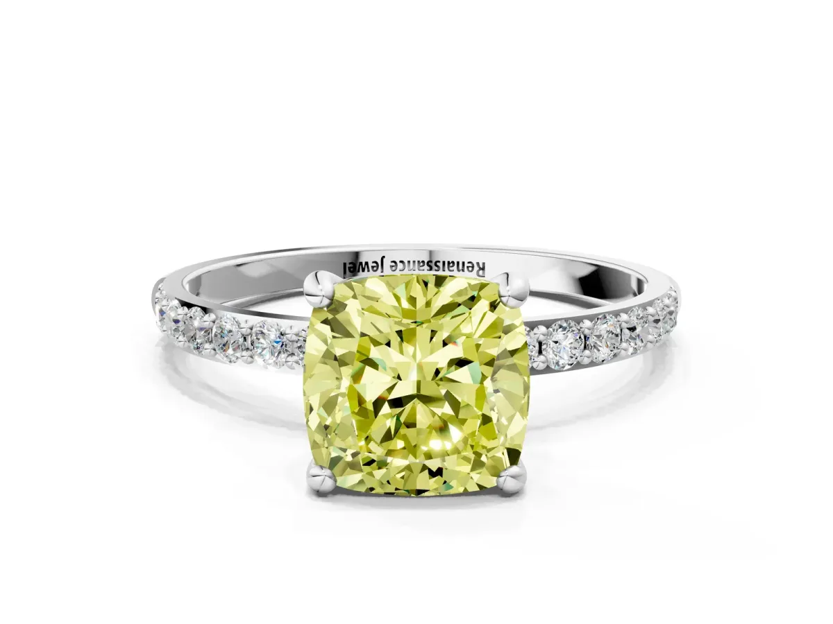 Fancy Yellow Cushion Cut Diamond Solitaire Ring with Round Pavé Band and Prong Setting White gold
