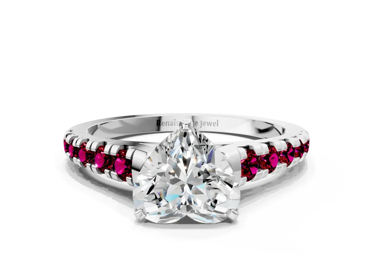 Heart Cut Diamond Cathedral Solitaire Ring with Round Garnet Pavé Band Silver