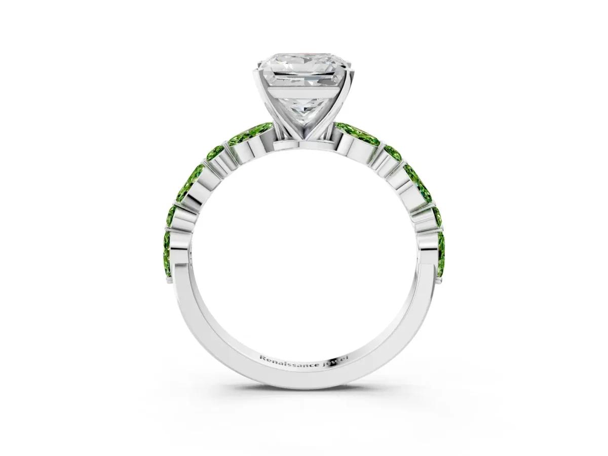 Princess Cut Diamond Ring with Marquise and Round Peridot Side Stones and Four-Prong Setting Silver