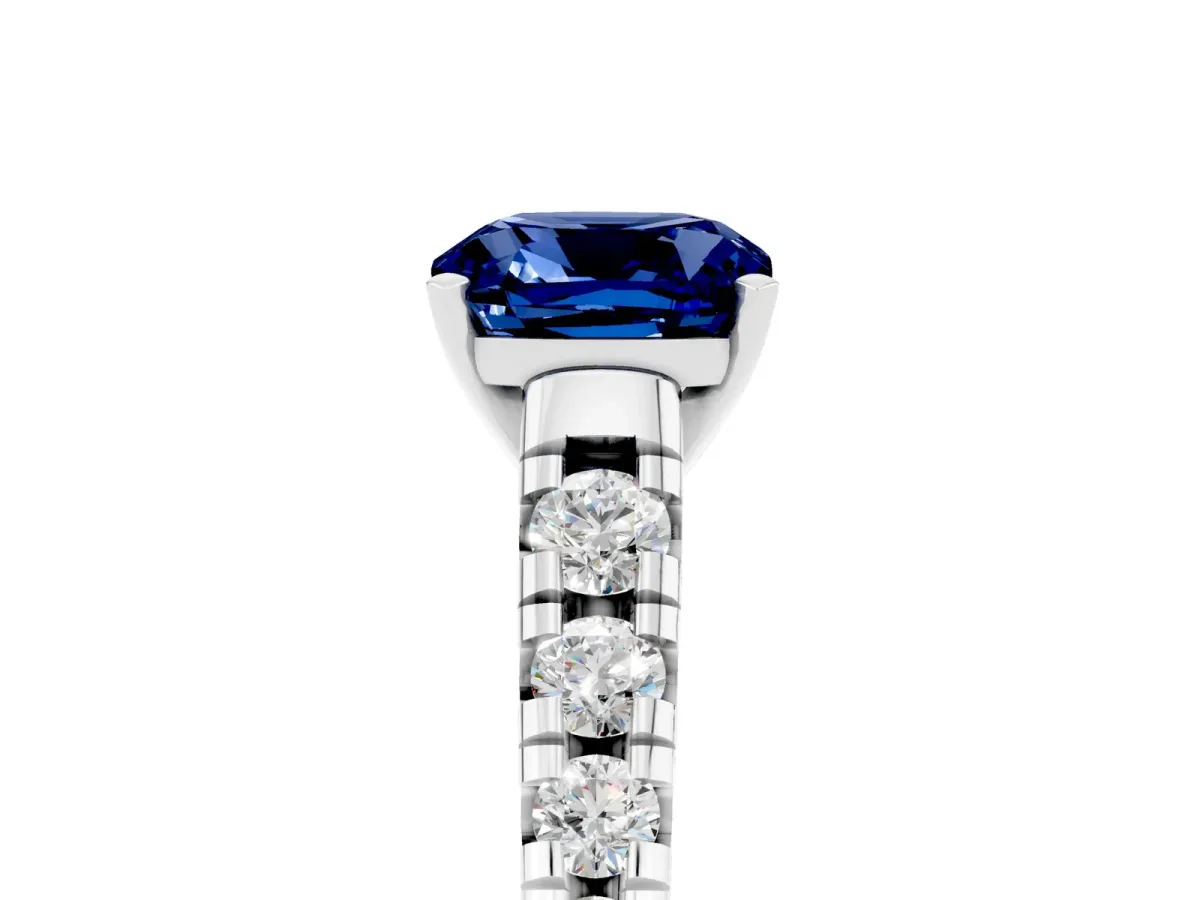 Cushion Cut Blue Sapphire Cathedral Solitaire Ring with Round Pavé Band Silver