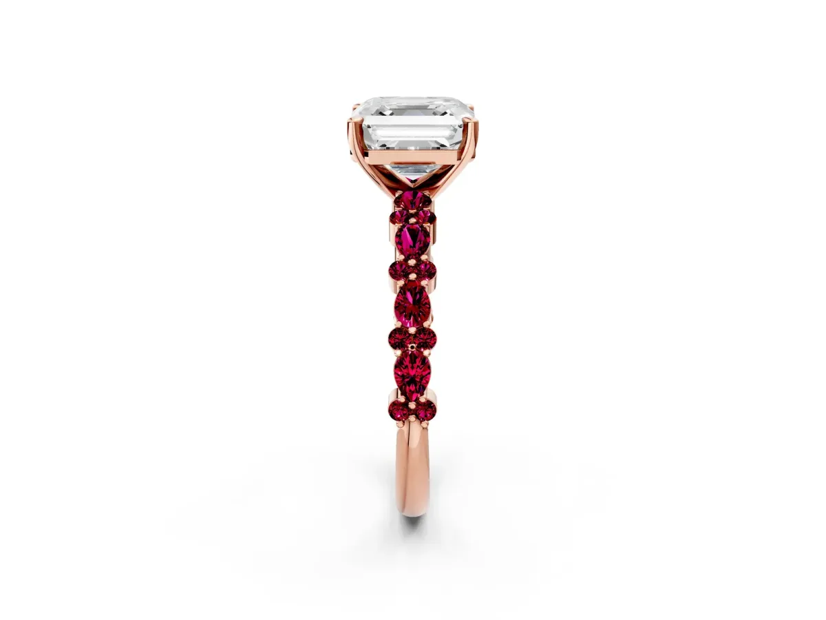 Asscher Cut Diamond Side Stone Solitaire Ring with Round Garnet and Four-Prong Setting Rose gold