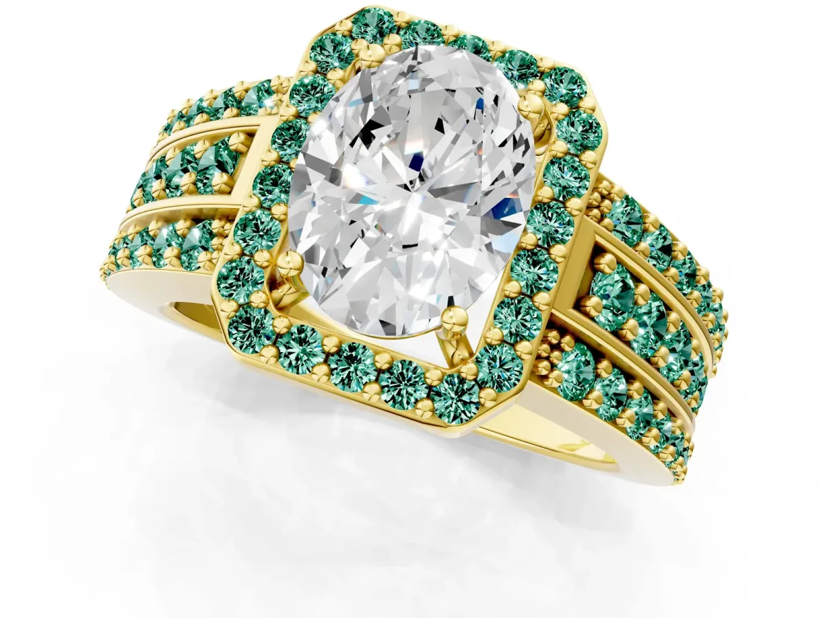 Oval Cut Halo Diamond Ring with Round Green Sapphire Split Shank and Prong Setting Yellow gold
