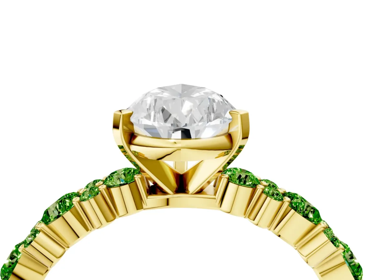 Pear Cut Diamond Side Stone Solitaire Ring with Round Peridot and Four-Prong Setting Yellow gold