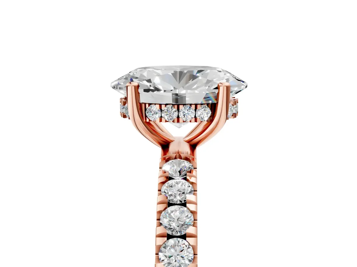 Oval Cut Diamond Pave Band Solitaire Ring with Round and Prong Setting Rose gold