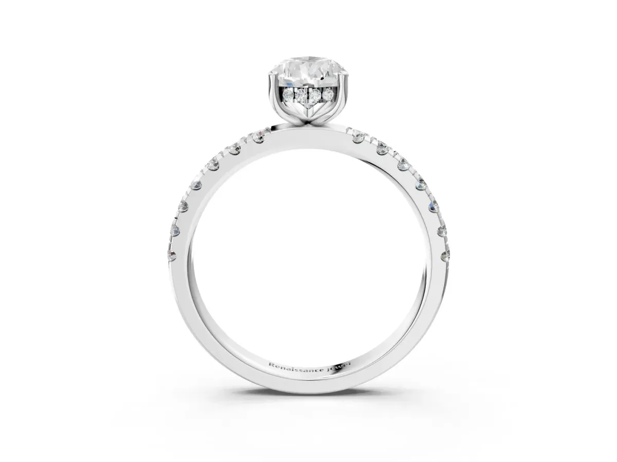 Pear Cut Diamond Pave Band Solitaire Ring with Round Moissanite and Prong Setting White gold