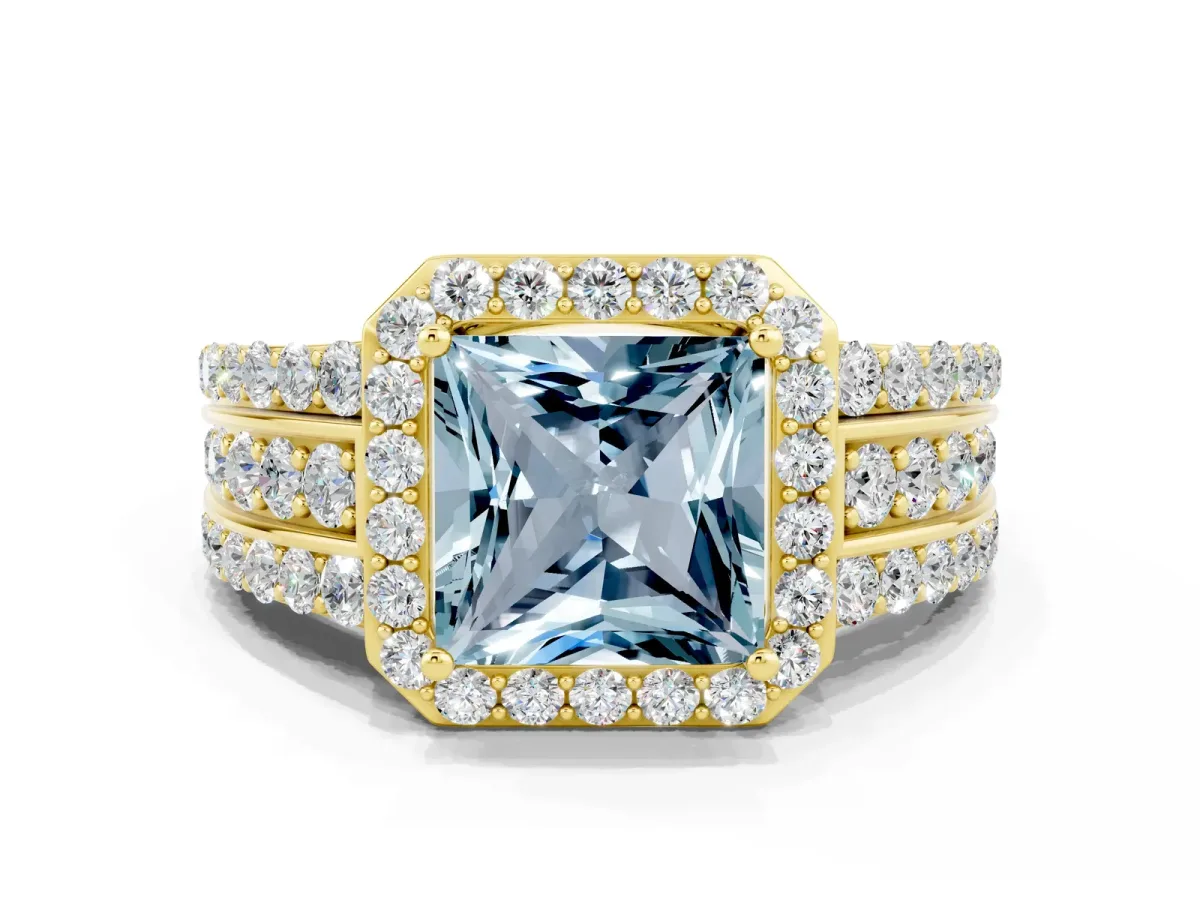 Princess Cut Halo Aquamarine Ring with Round Split Shank and Prong Setting Yellow gold