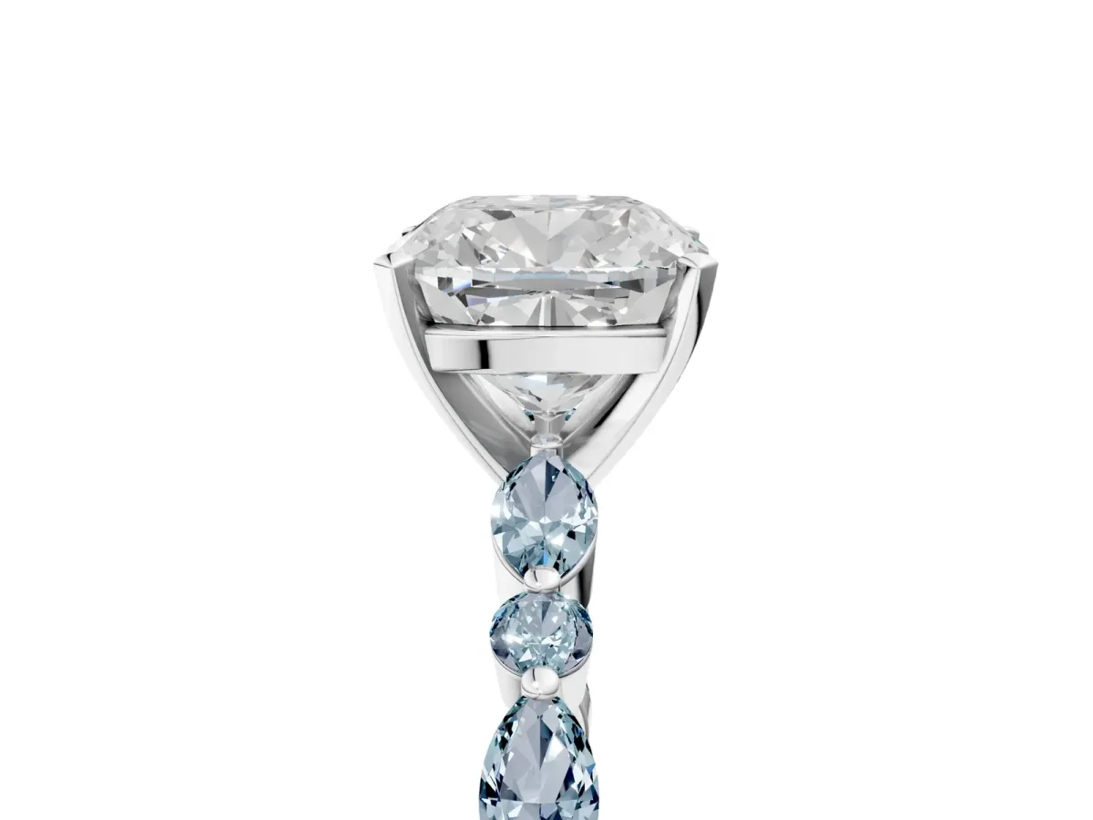 Cushion Cut Diamond Ring with Marquise and Round Aquamarine Side Stones and Four-Prong Setting Silver