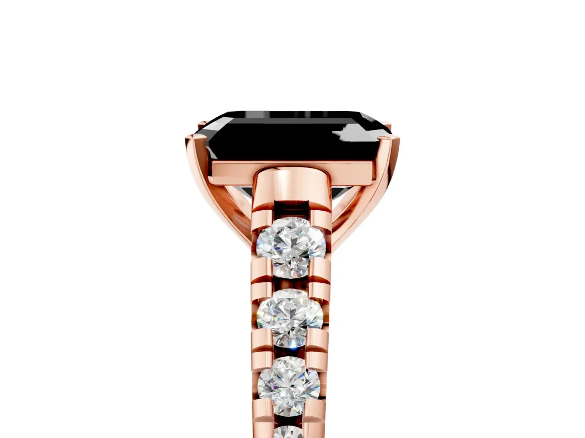 Fancy Black Emerald Cut Diamond Cathedral Solitaire Ring with Round Pavé Band Rose gold