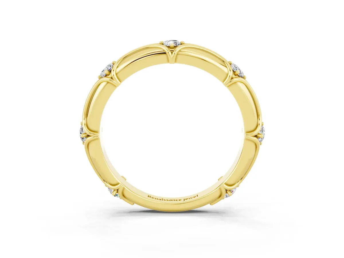 Round Moissanite Prong Set Milgrain Eternity Band Yellow gold