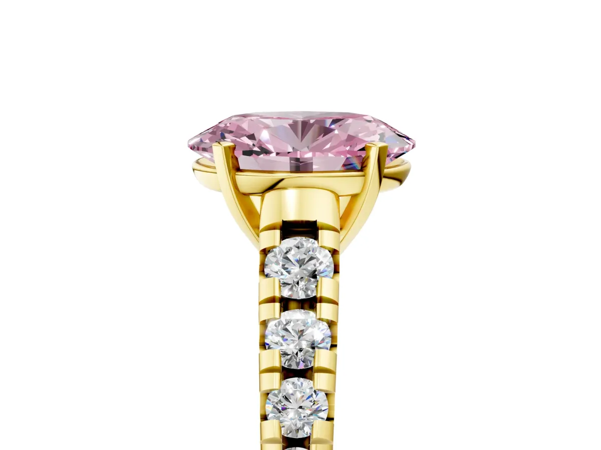 Fancy Pink Oval Cut Diamond Cathedral Solitaire Ring with Round Pavé Band Yellow gold
