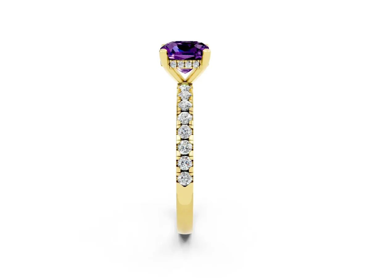 Cushion Cut Amethyst Solitaire Ring with Round Pavé Band and Four-Prong Setting Yellow gold