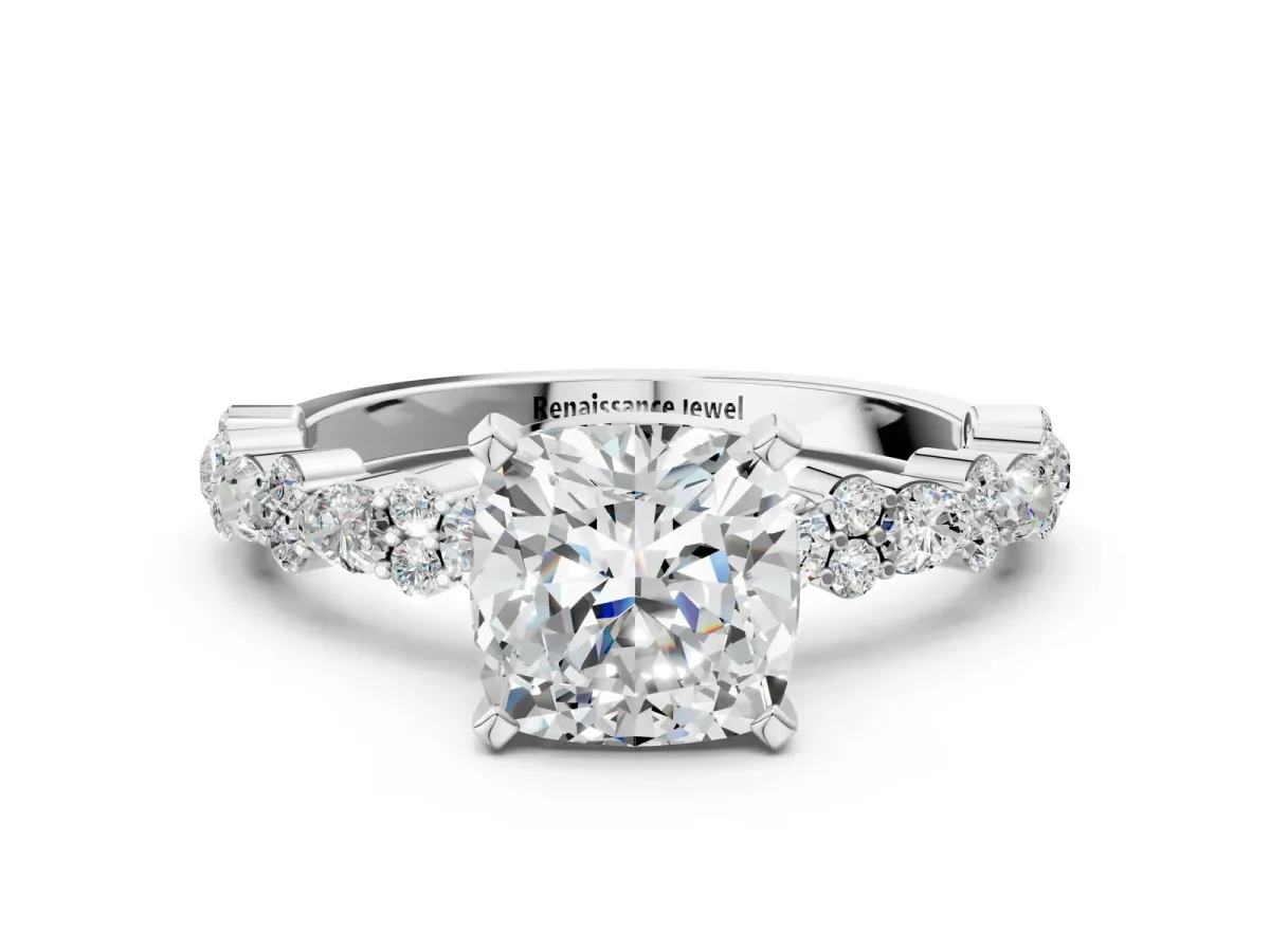 Cushion Cut Diamond Side Stone Solitaire Ring with Round Moissanite and Four-Prong Setting Platinum