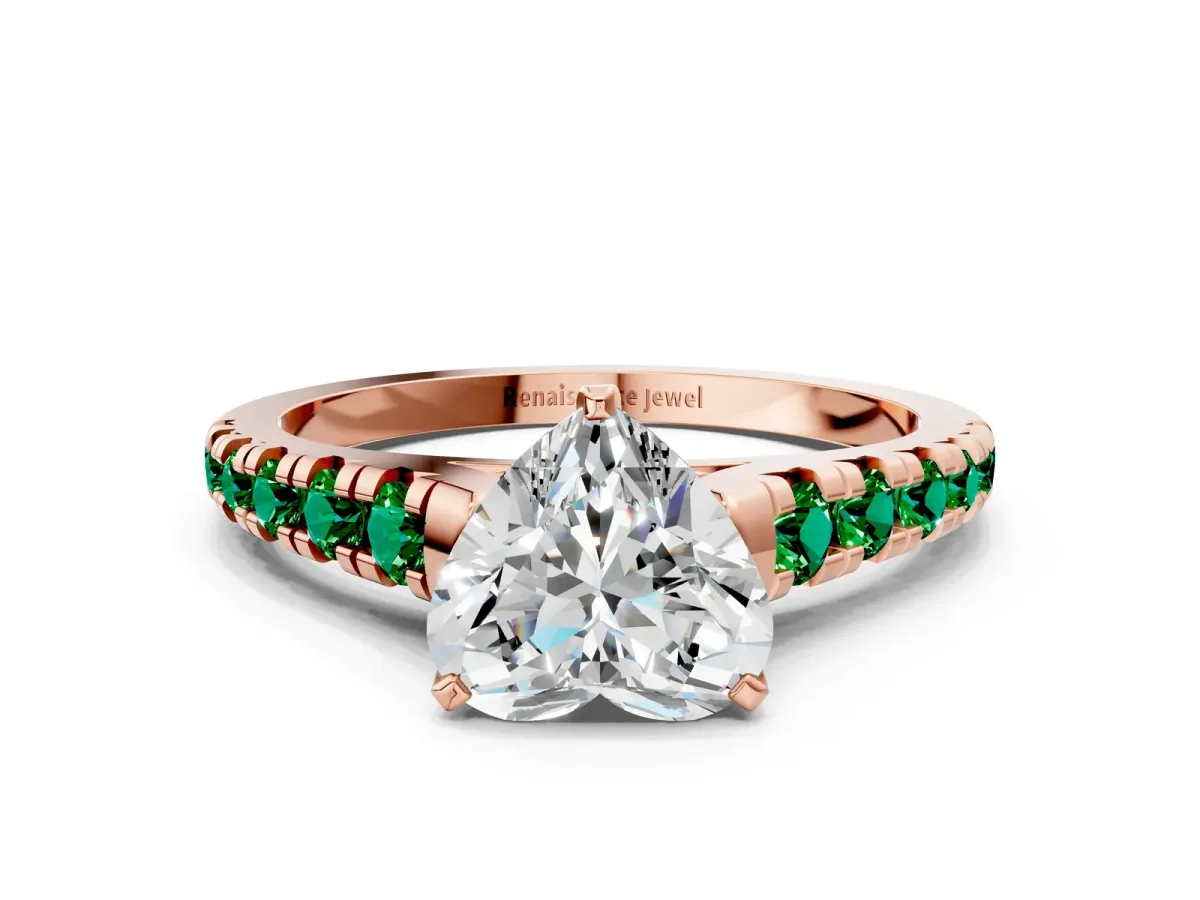 Heart Cut Diamond Cathedral Solitaire Ring with Round Emerald Pavé Band Rose gold