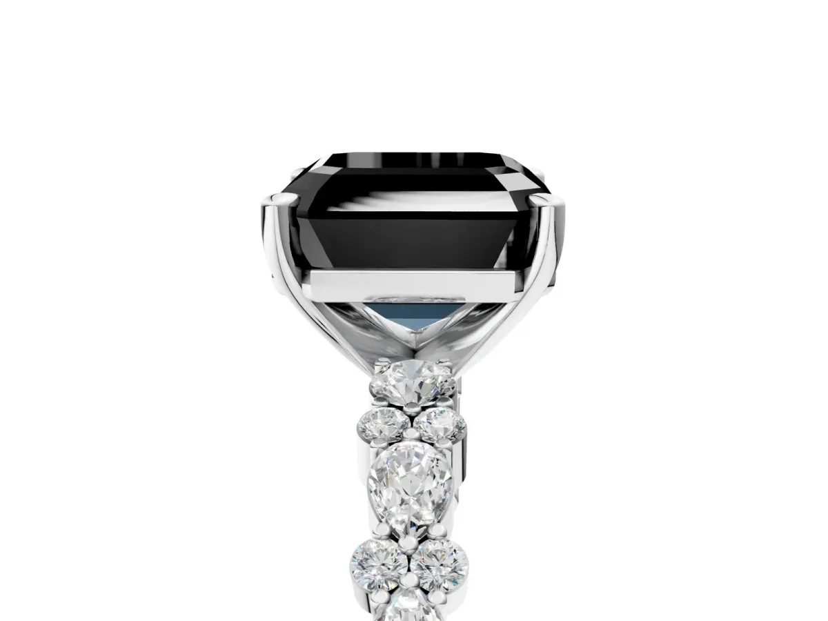 Fancy Black Asscher Cut Diamond Side Stone Solitaire Ring with Round and Four-Prong Setting White gold