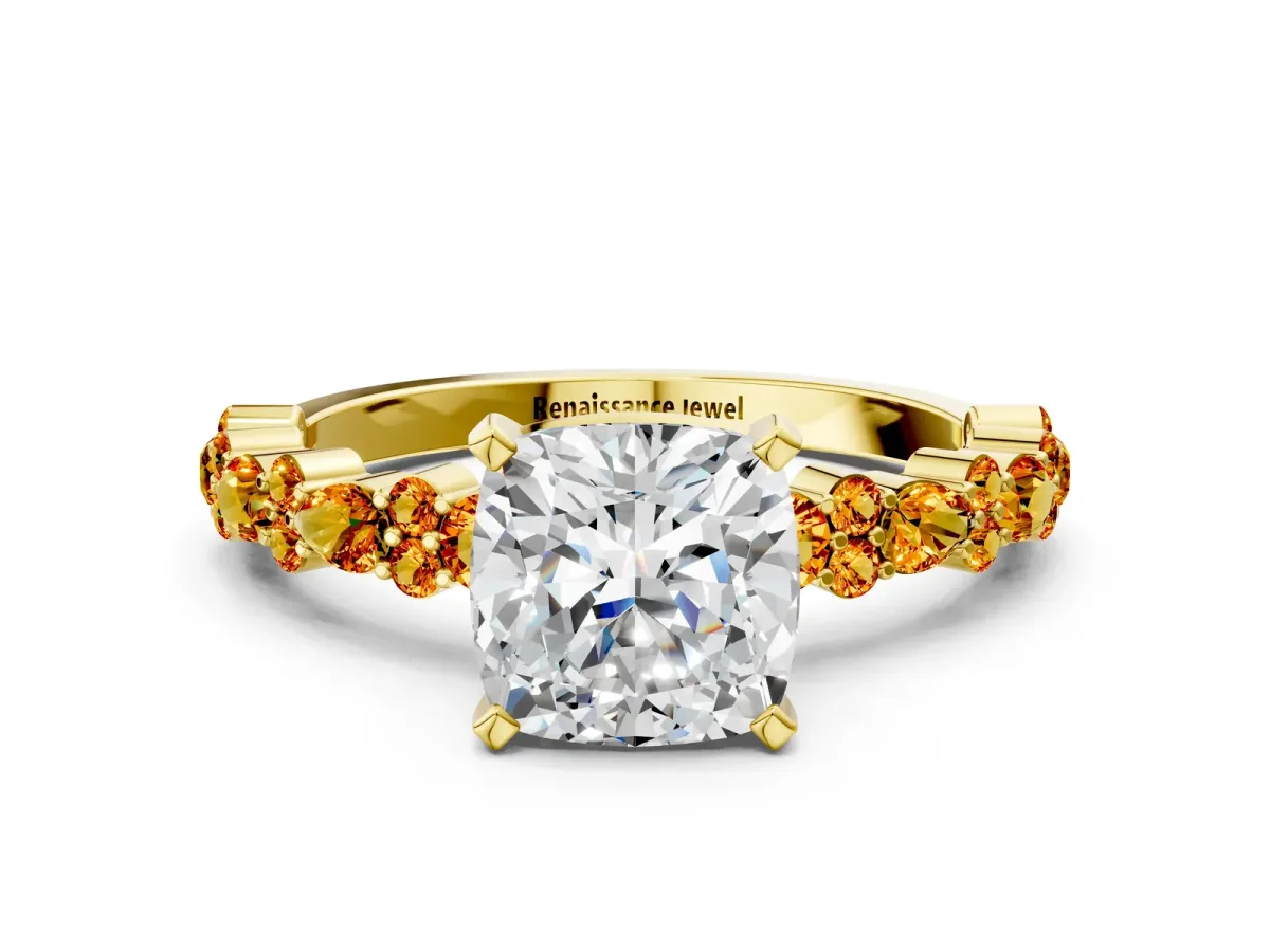 Cushion Cut Diamond Side Stone Solitaire Ring with Round Citrine and Four-Prong Setting Yellow gold