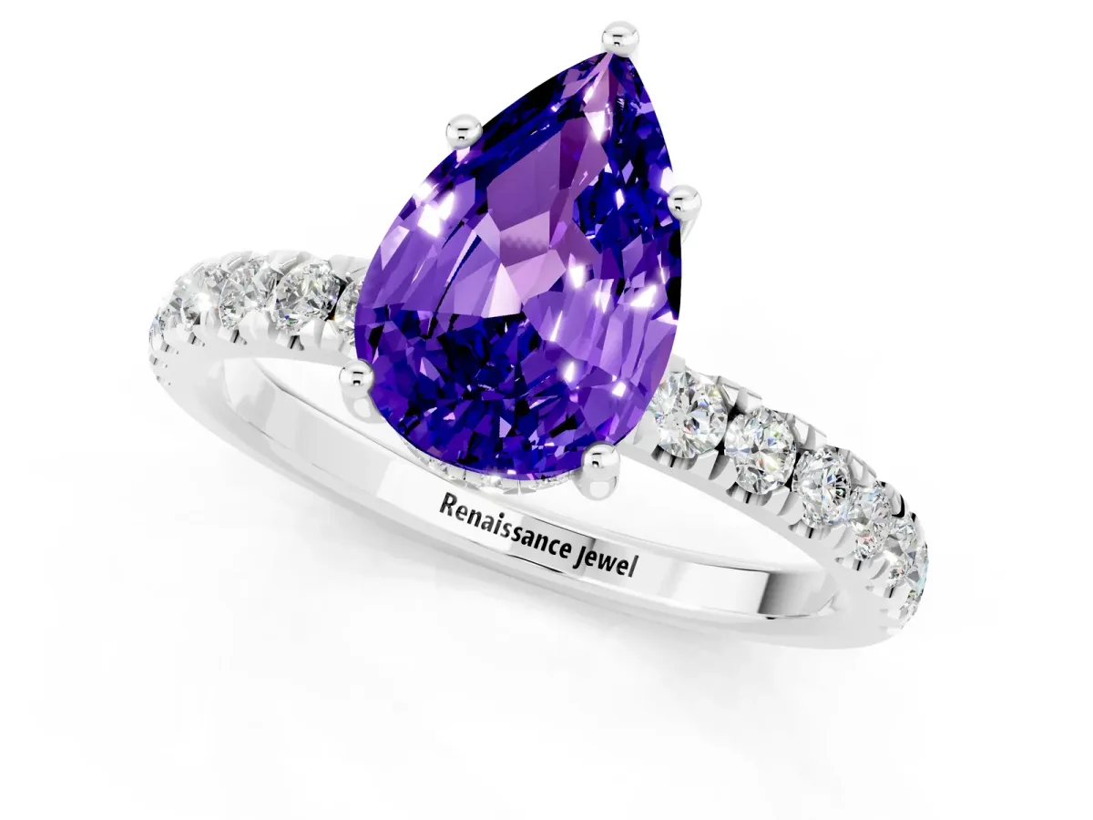 Pear Cut Tanzanite Pave Band Solitaire Ring with Round and Prong Setting Platinum
