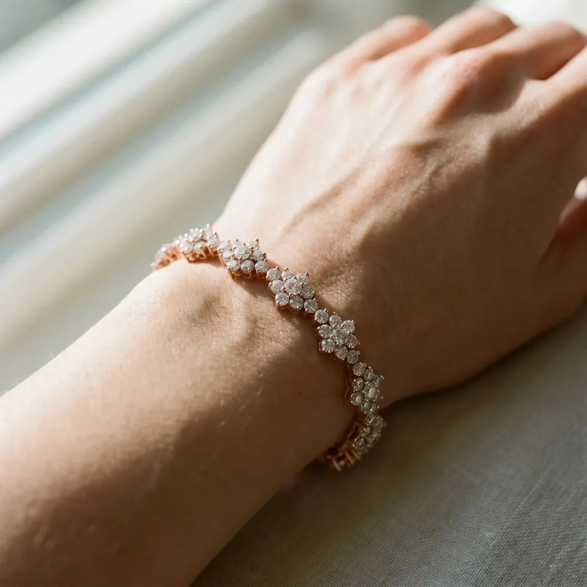 Round Diamond Floral Cluster Tennis Bracelet with Prong Setting Rose gold