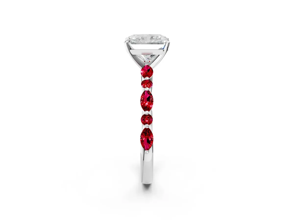 Radiant Cut Diamond Ring with Marquise and Round Ruby Side Stones and Four-Prong Setting White gold