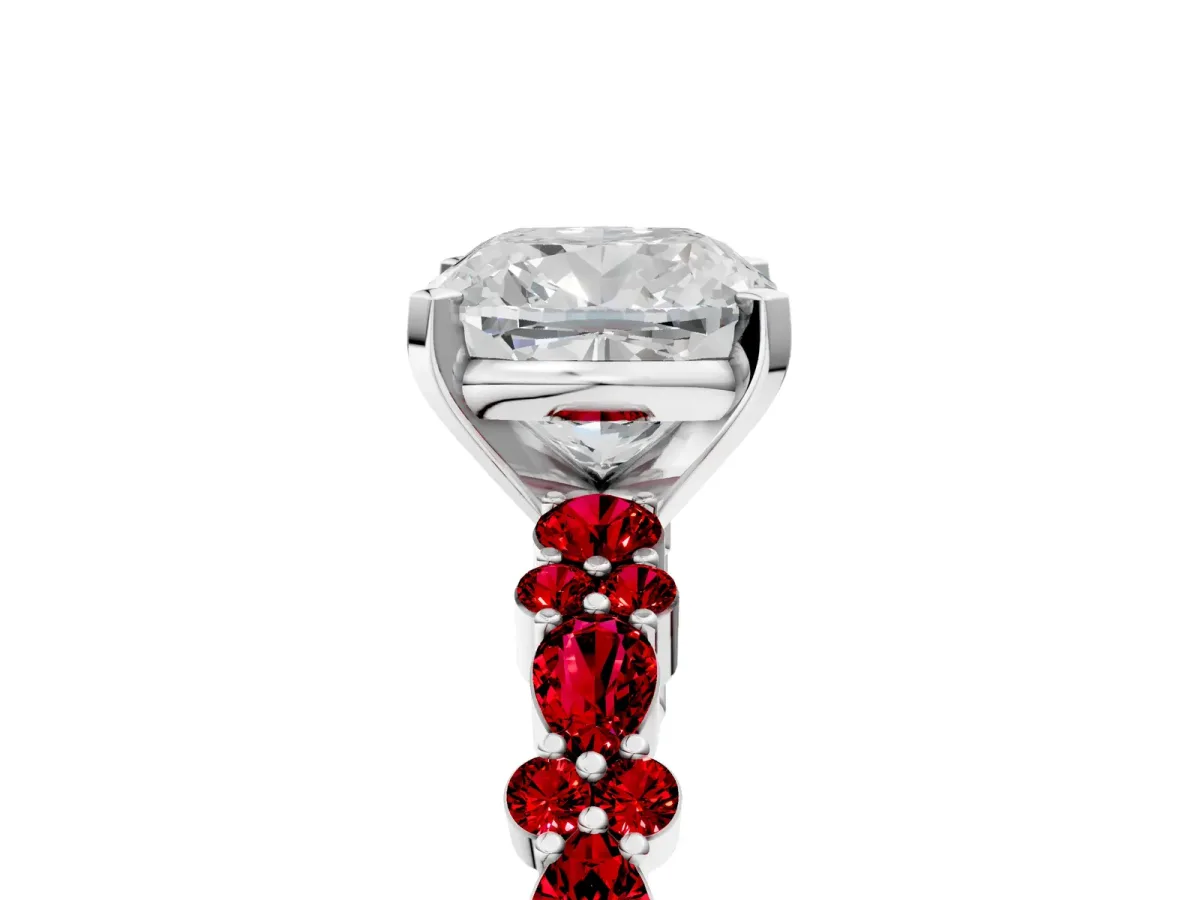 Cushion Cut Diamond Side Stone Solitaire Ring with Round Ruby and Four-Prong Setting Silver