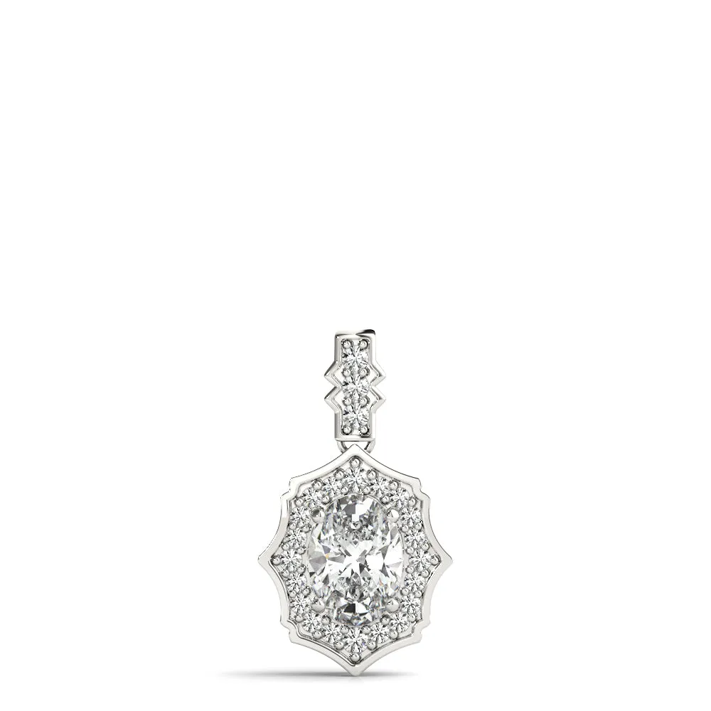 Oval Diamond Halo Pendant with Milgrain Prong Setting Silver
