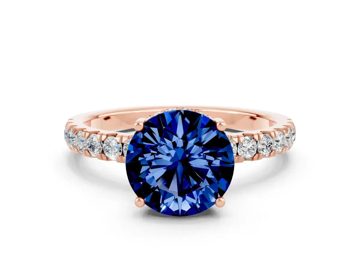 Round Cut Blue Sapphire Pave Band Solitaire Ring with Round and Prong Setting Rose gold