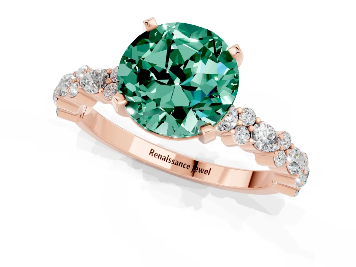 Round Cut Green Sapphire Side Stone Solitaire Ring with Round and Four-Prong Setting Rose gold