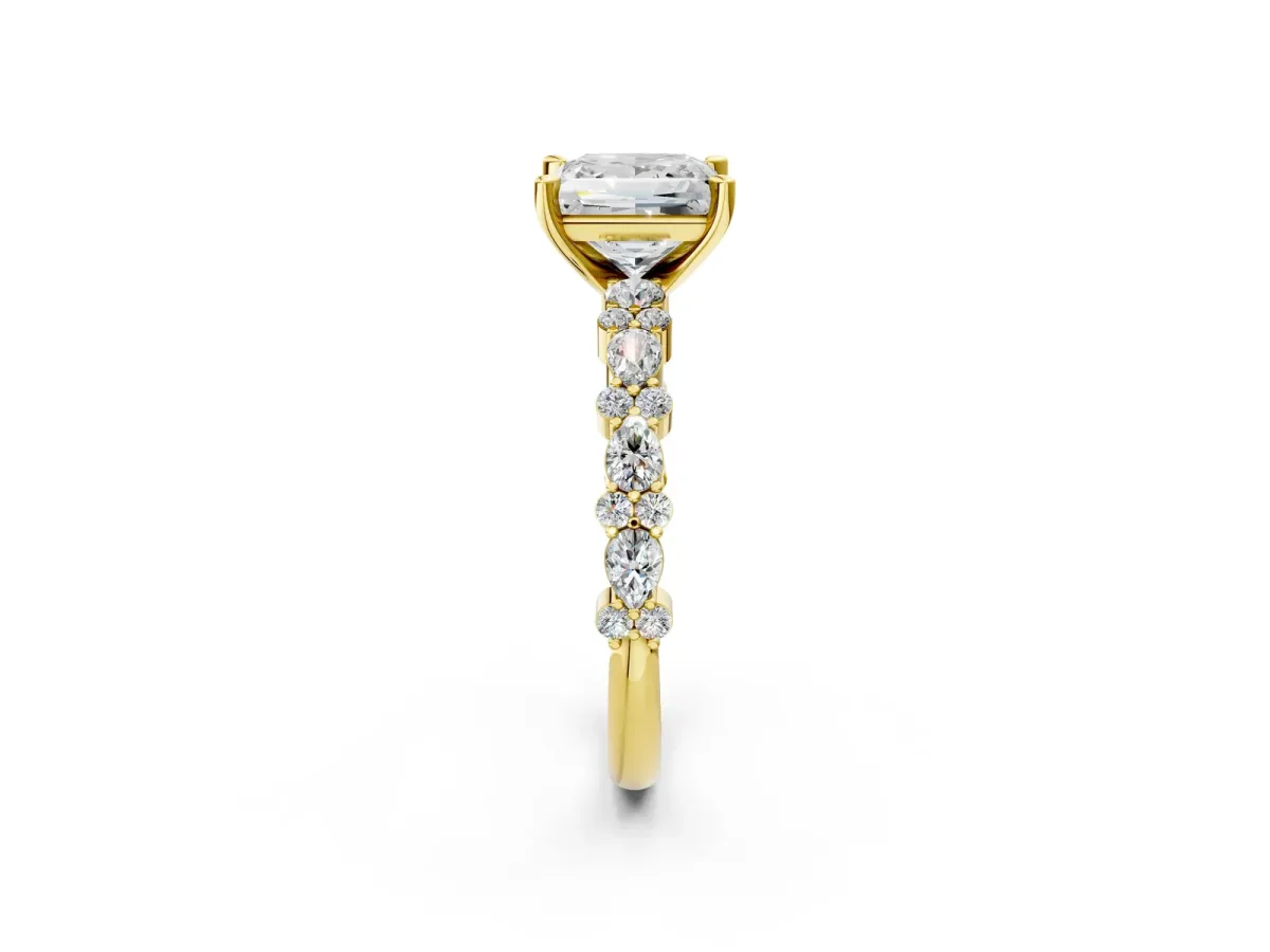 Princess Cut Diamond Side Stone Solitaire Ring with Round and Four-Prong Setting Yellow gold