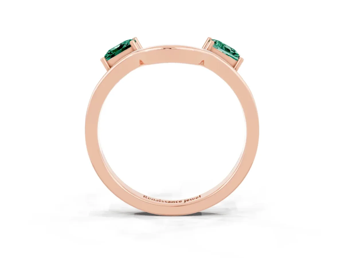 Princess Cut Green Sapphire Two-Stone Open Band Ring with Four-Prong Setting Rose gold
