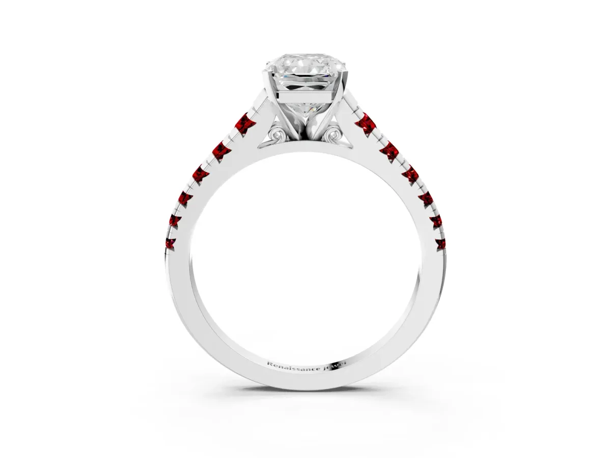 Radiant Cut Diamond Cathedral Solitaire Ring with Round Ruby Pavé Band Platinum
