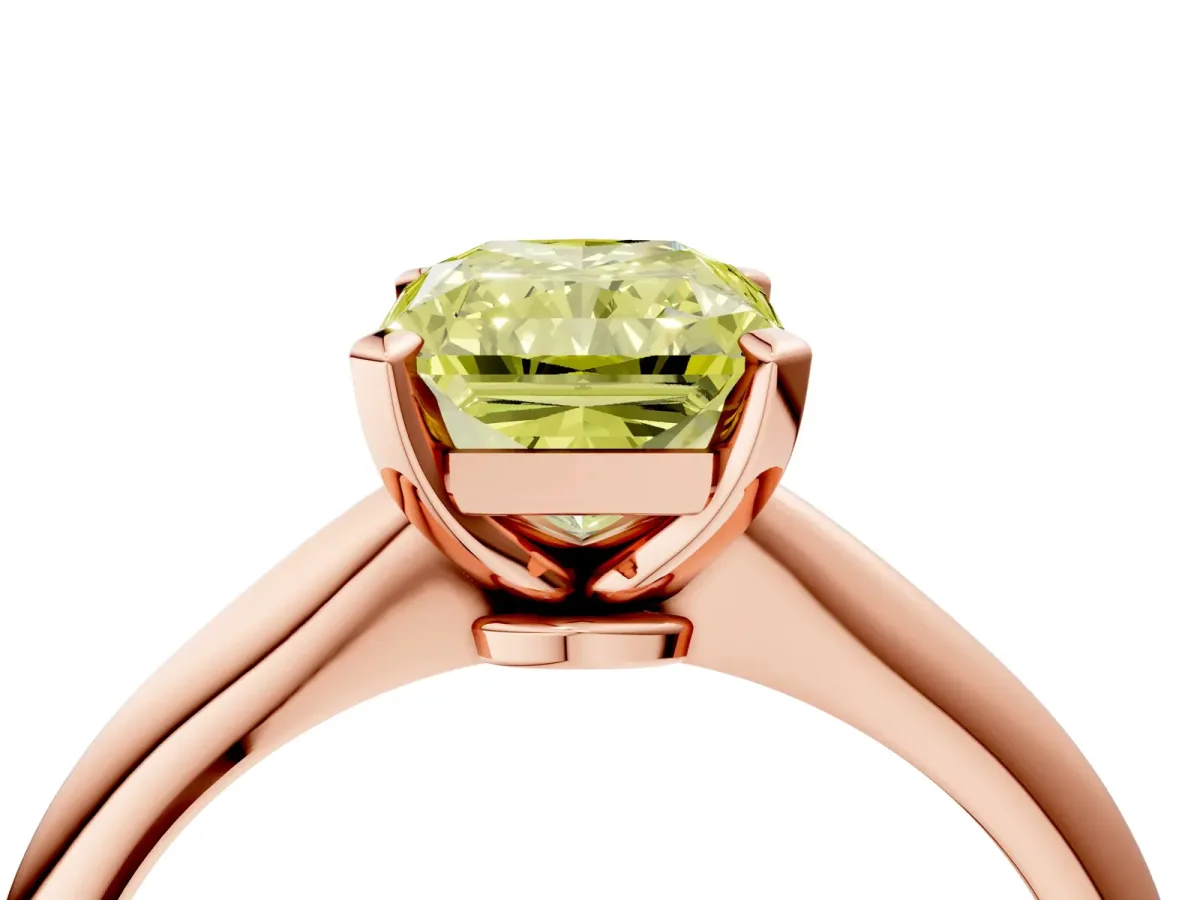 Fancy Yellow Radiant Cut Diamond Solitaire Engagement Ring with Classic Band and Four-Prong Setting Rose gold