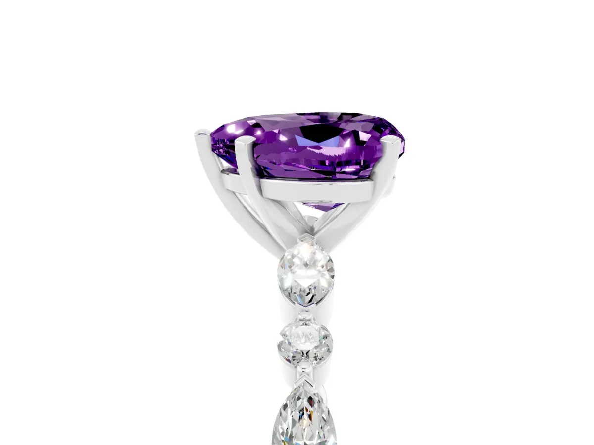 Heart Cut Amethyst Ring with Marquise and Round Side Stones and Four-Prong Setting Silver