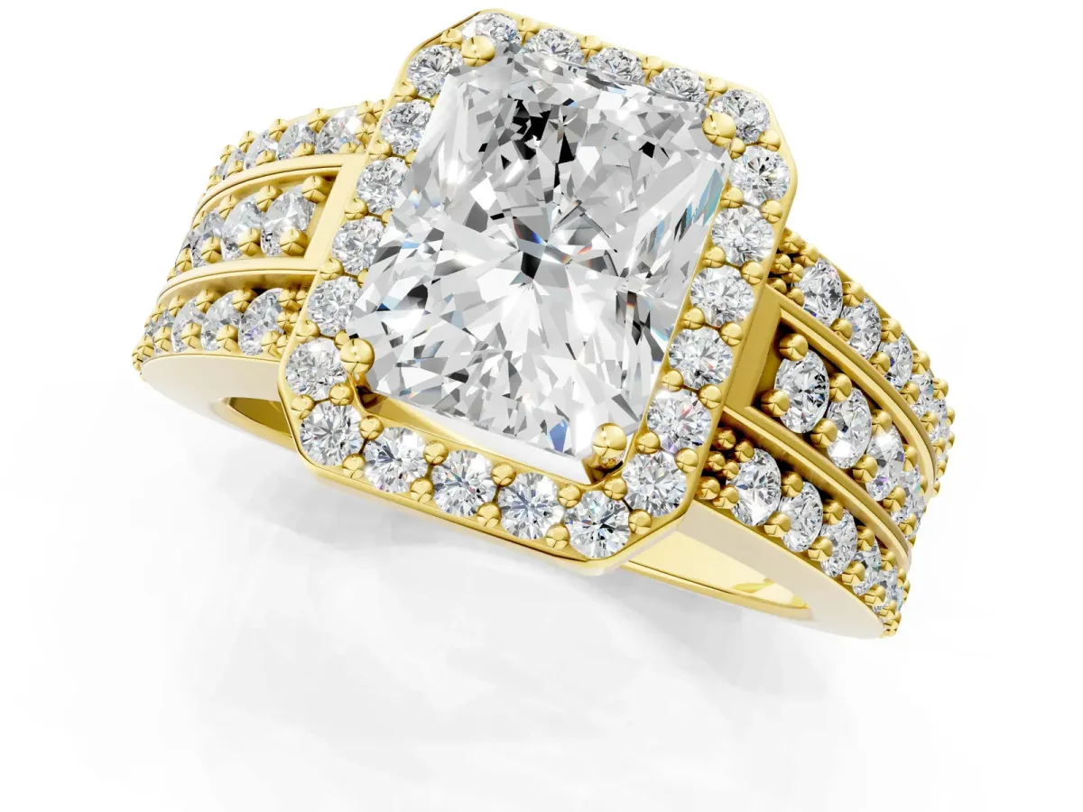 Radiant Cut Halo Diamond Ring with Round Moissanite Split Shank and Prong Setting Yellow gold