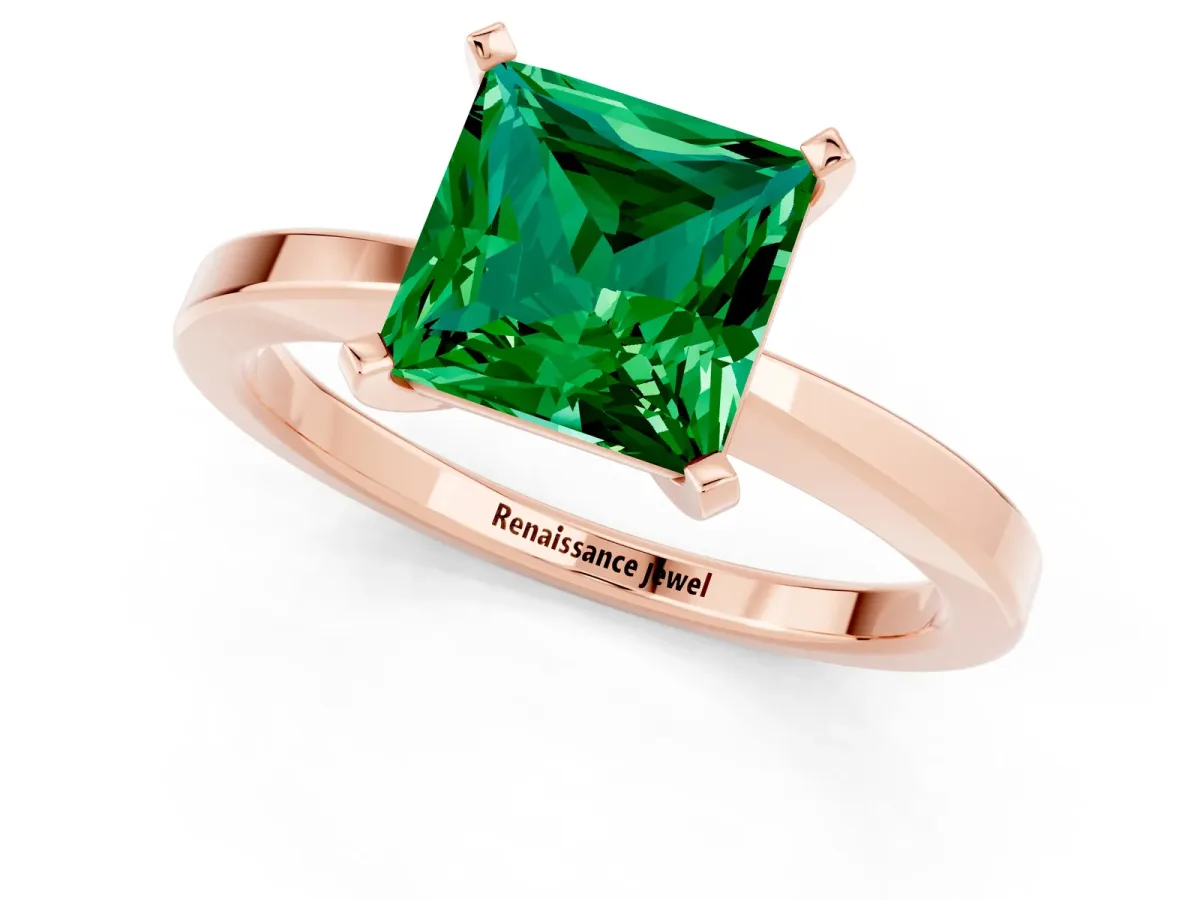 Princess Cut Emerald Solitaire Engagement Ring with Classic Band and Four-Prong Setting Rose gold