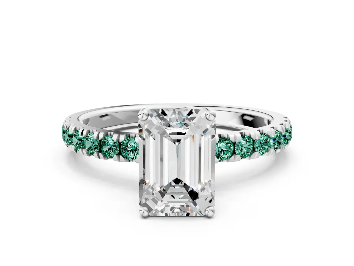 Emerald Cut Diamond Pave Band Solitaire Ring with Round Green Sapphire and Prong Setting Platinum