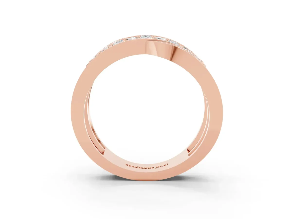 Pavé Round Moissanite Crossover Band with Bead Prong Setting Rose gold