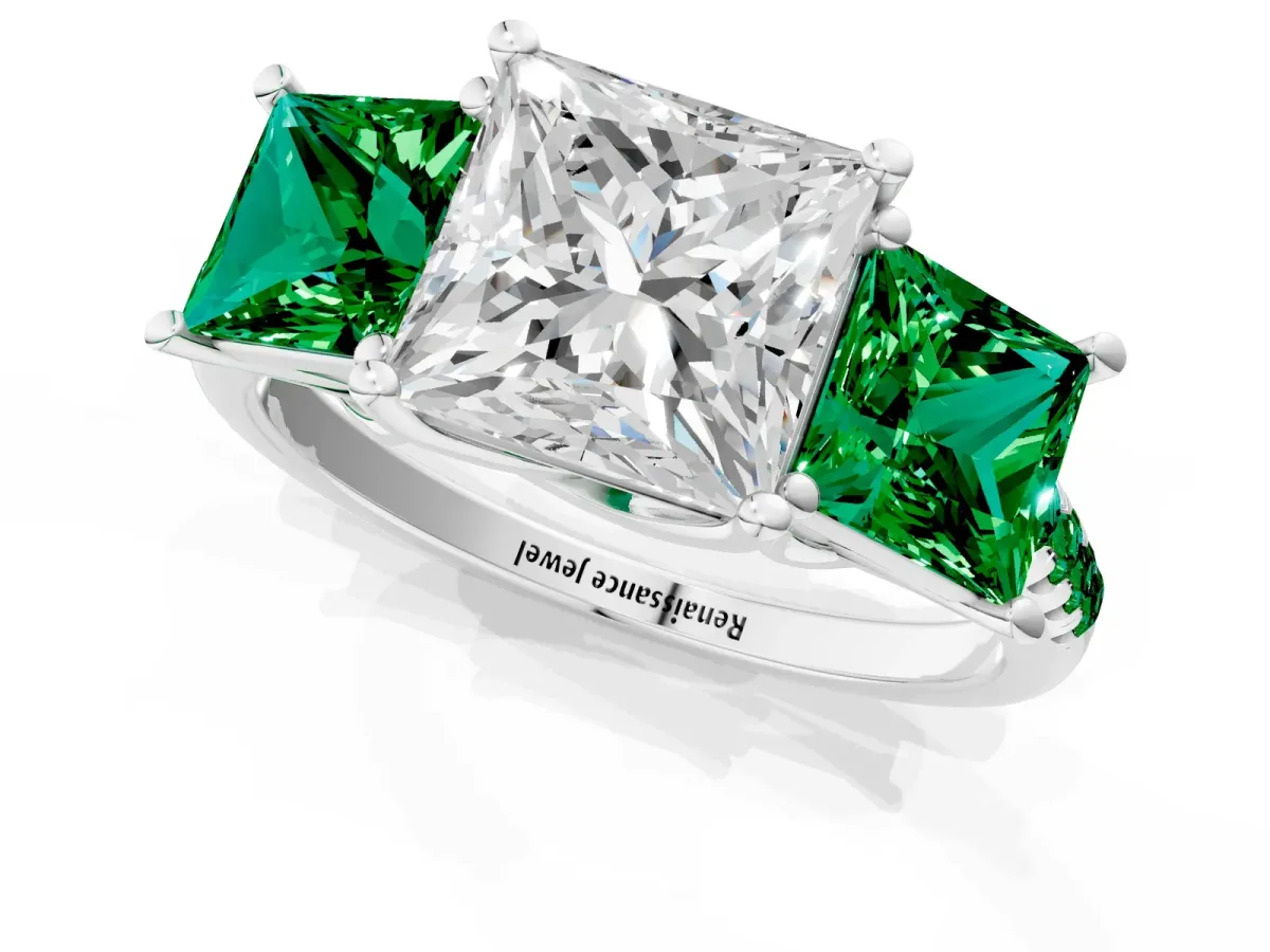 Three-Stone Princess Cut Diamond Ring with Round Emerald Pavé Band and Prong Setting Platinum