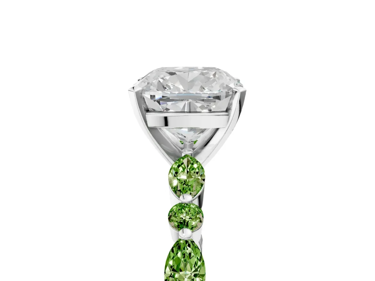 Cushion Cut Diamond Ring with Marquise and Round Peridot Side Stones and Four-Prong Setting Silver