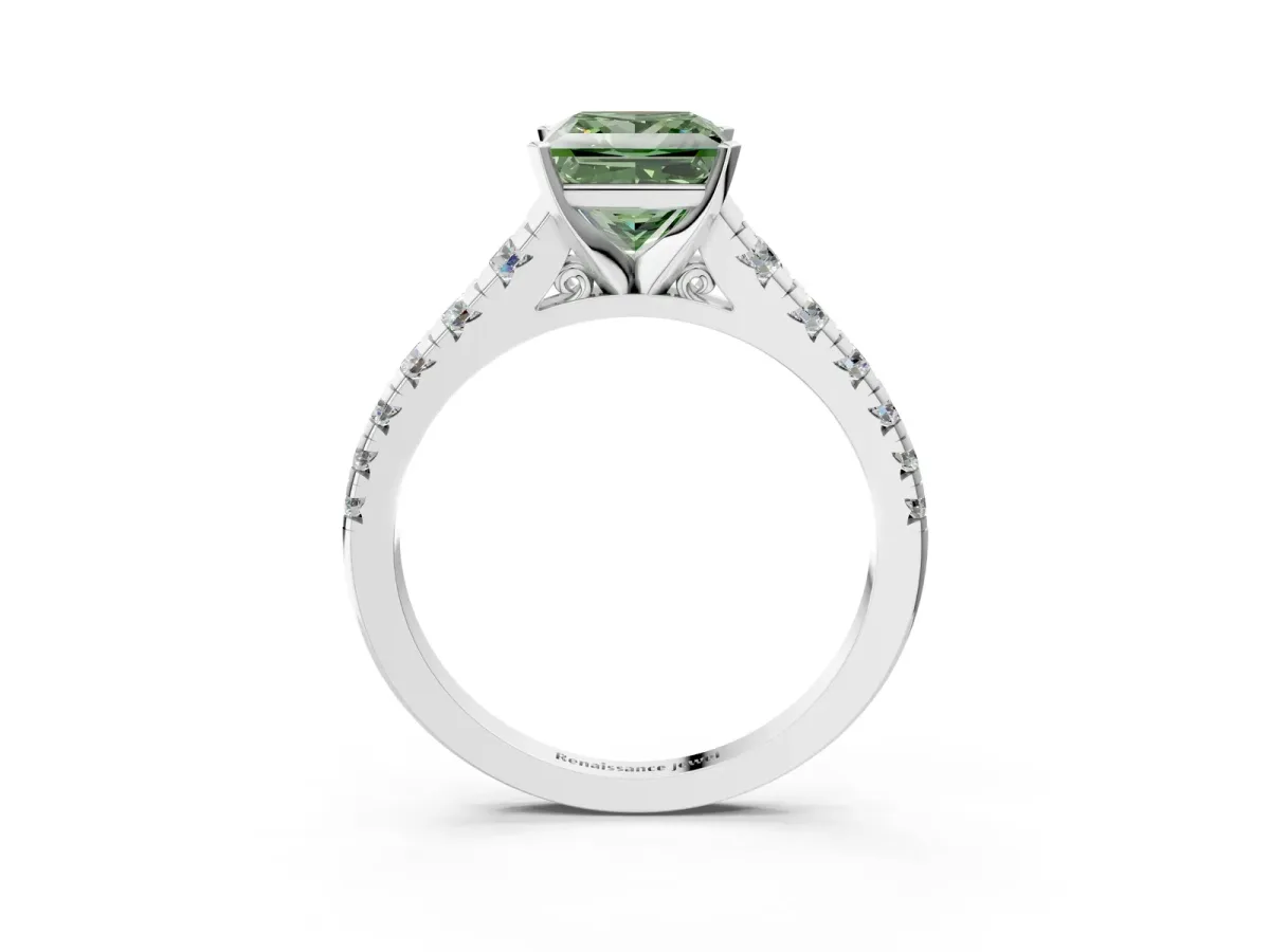 Fancy Green Princess Cut Diamond Cathedral Solitaire Ring with Round Pavé Band Silver