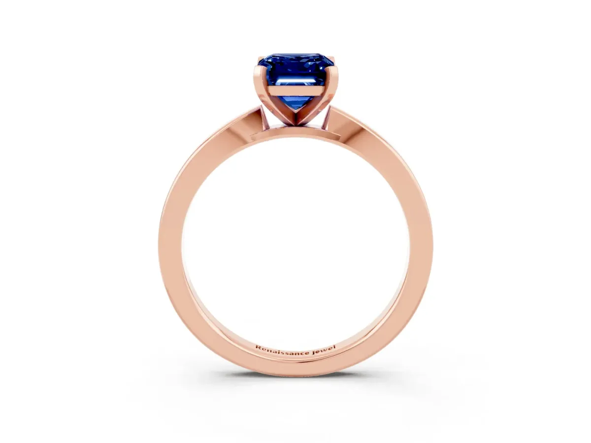 Emerald Cut Blue Sapphire Solitaire Engagement Ring with Classic Band and Four-Prong Setting Rose gold