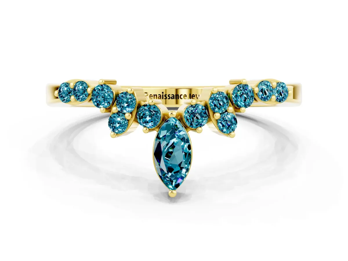 Marquise and Round Blue Topaz Chevron Band with Prong Setting Yellow gold