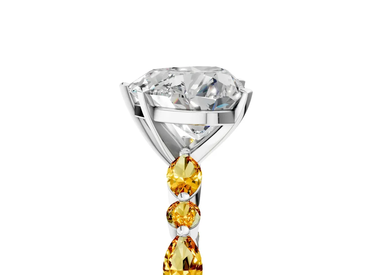 Heart Cut Diamond Ring with Marquise and Round Citrine Side Stones and Four-Prong Setting Silver
