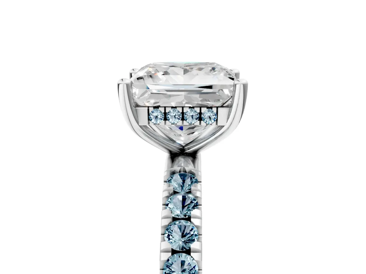 Princess Cut Diamond Pave Band Solitaire Ring with Round Aquamarine and Prong Setting Silver