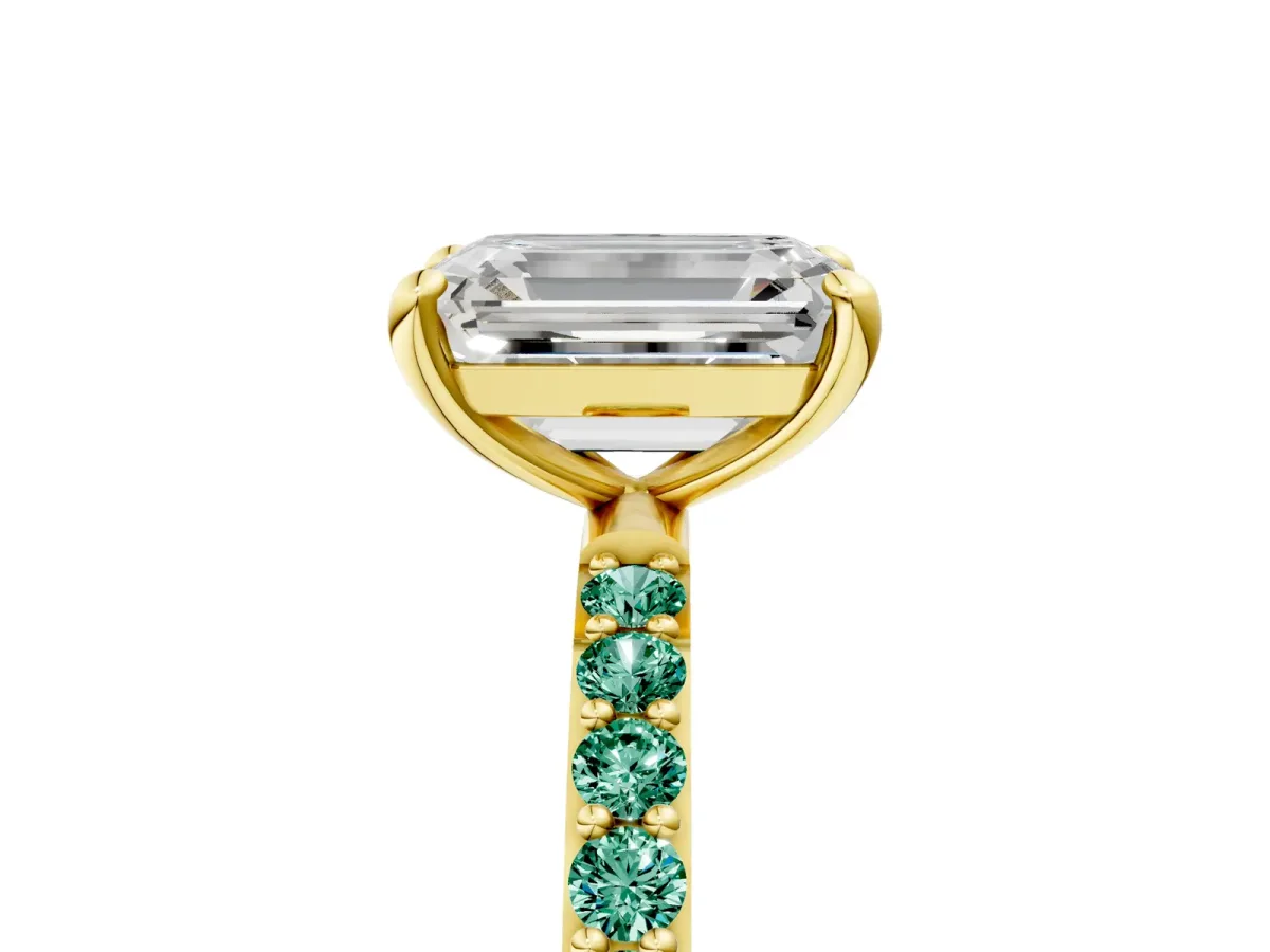 Emerald Cut Diamond Solitaire Ring with Round Green Sapphire Pavé Band and Prong Setting Yellow gold