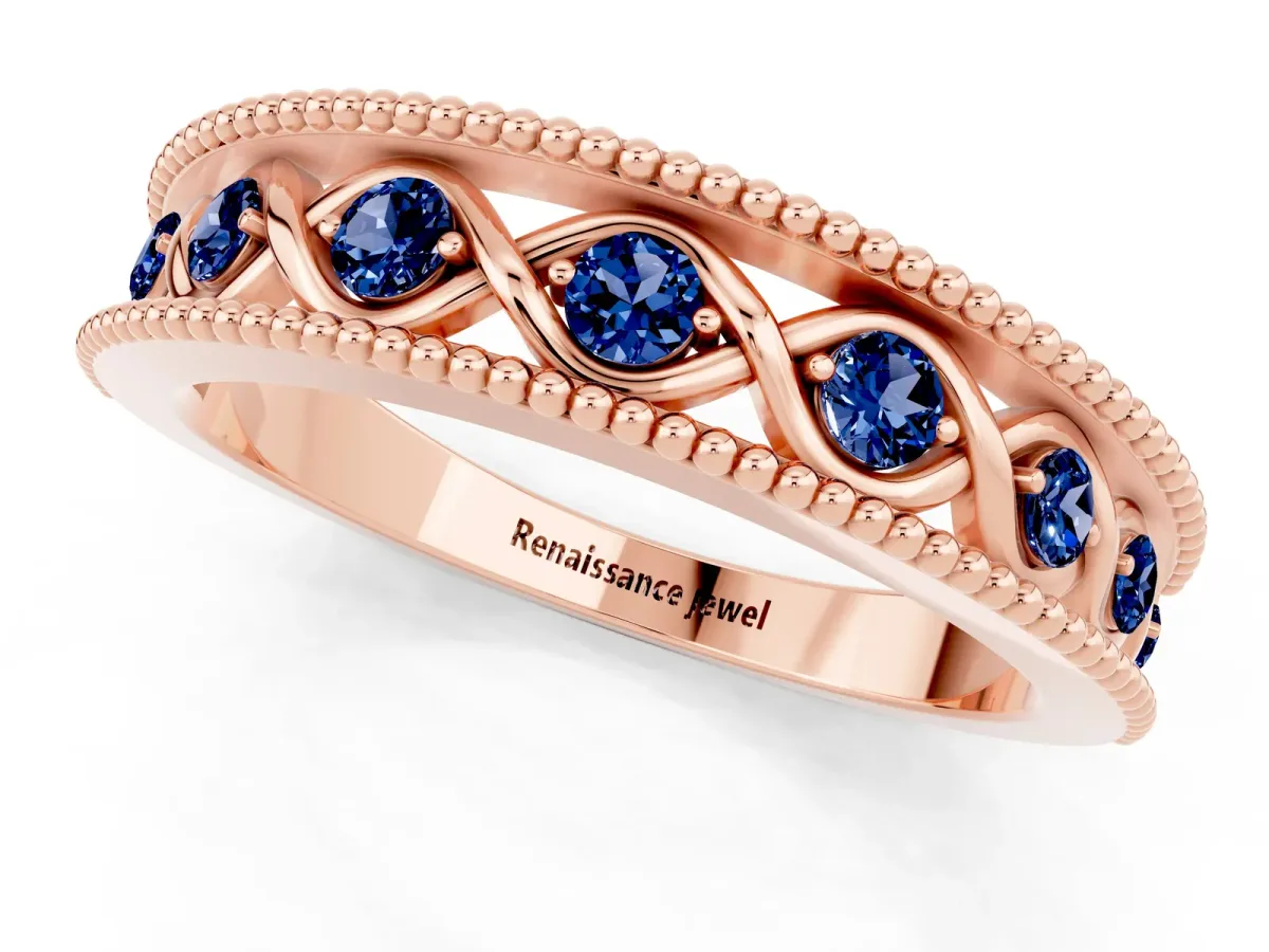 Round Blue Sapphire Twist Milgrain Band with Bezel Setting Rose gold