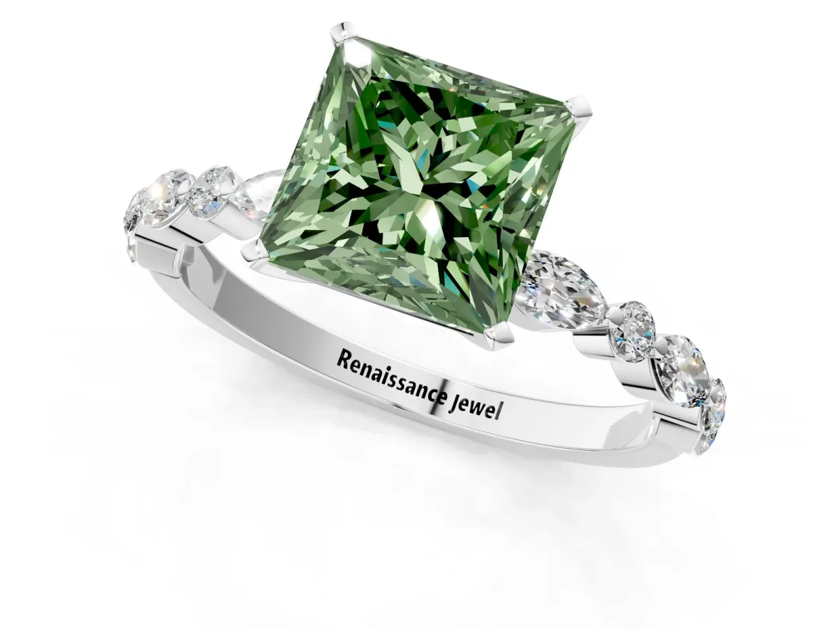 Fancy Green Princess Cut Diamond Ring with Marquise and Round Side Stones and Four-Prong Setting Silver