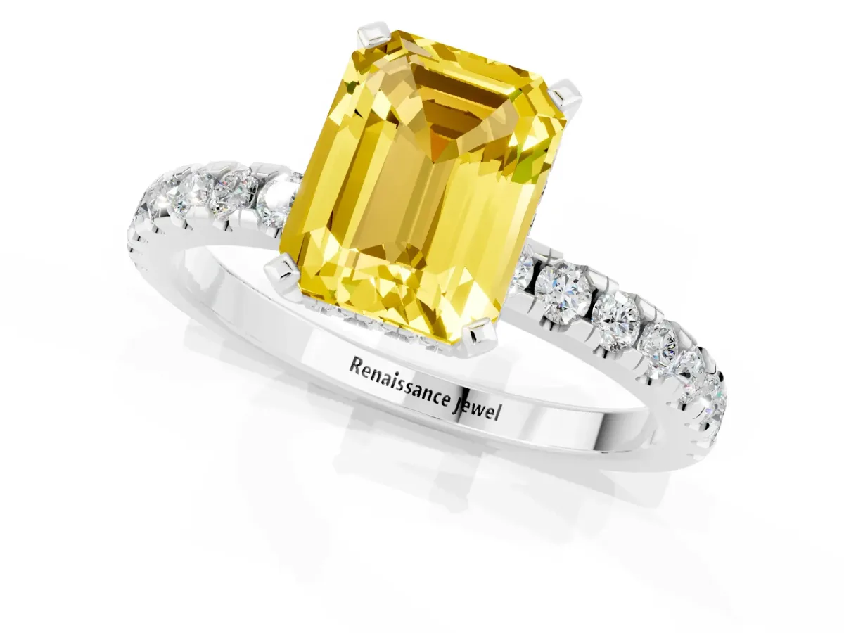 Emerald Cut Yellow Sapphire Solitaire Ring with Round Pavé Band and Four-Prong Setting Platinum