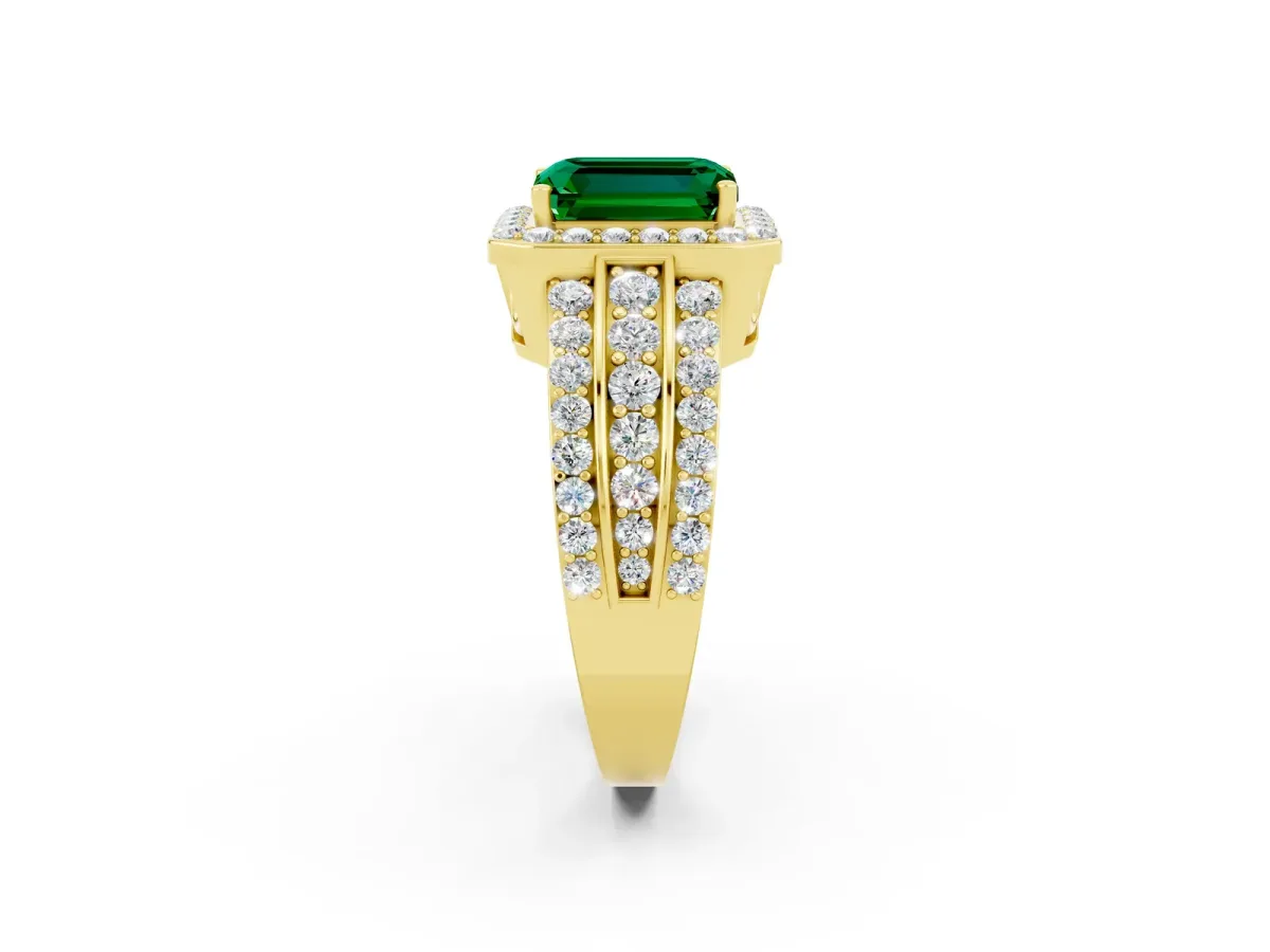 Emerald Cut Halo Emerald Ring with Round Split Shank and Prong Setting Yellow gold
