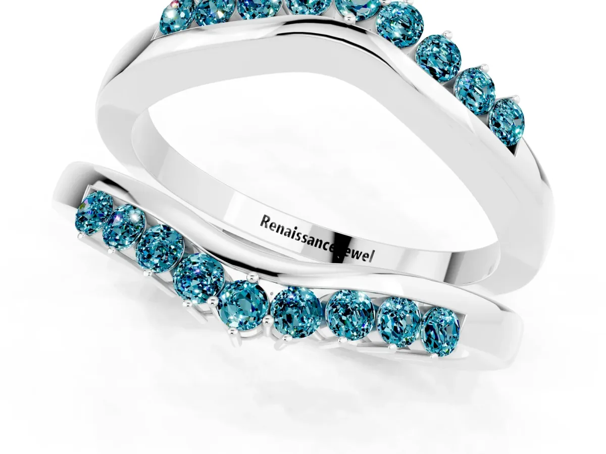 Round Blue Topaz Chevron Contour Band with Prong Setting White gold